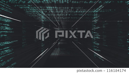 Green code cascading down screens in dark corridor, forming a matrix-like tunnel 116184174
