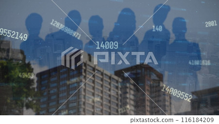 Image of financial data processing over cityscape and group of people Image of financial data processing over cityscape and group of people 116184209