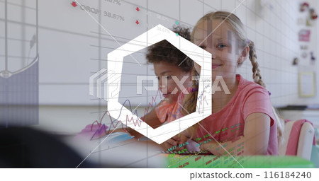 Image of white shapes and data processing over diverse schoolchildren 116184240