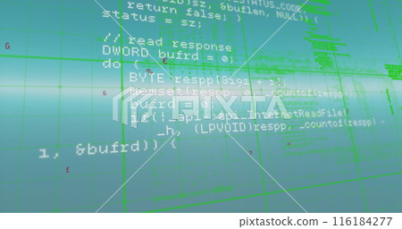 Green code lines are running on computer screen, showing programming work Green code lines are running on computer screen, showing programming work 116184277