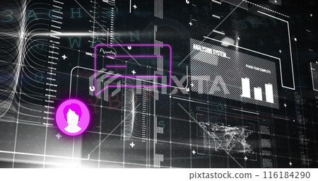 Image of profile and message icon over interface with data processing against black background Image of profile and message icon over interface with data processing against black background 116184290