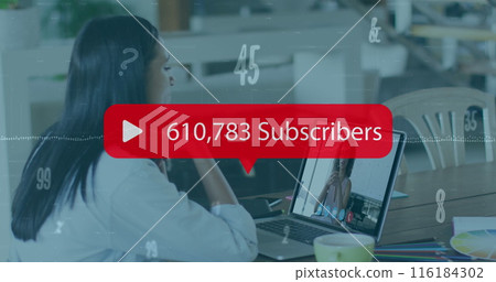 Image of media icon and data processing over biracial businesswoman having image call Image of media icon and data processing over biracial businesswoman having image call 116184302