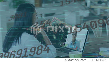 Image of data processing over biracial businesswoman having image call Image of data processing over biracial businesswoman having image call 116184303