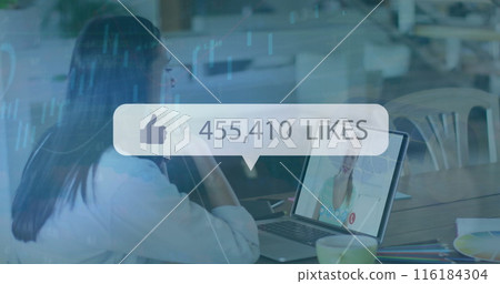 Image of media icon and data processing over biracial businesswoman having image call Image of media icon and data processing over biracial businesswoman having image call 116184304