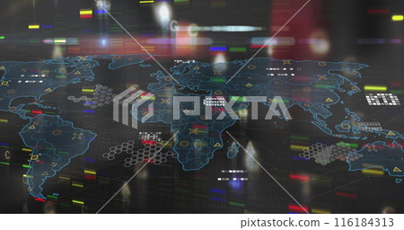 Image of colourful shapes over world map Image of colourful shapes over world map 116184313