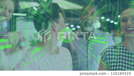 Image of interface with data processing over biracial woman writing on glass board at office 116184329