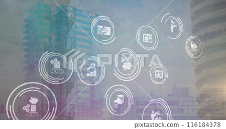 Image of icons and data processing over cityscape Image of icons and data processing over cityscape 116184378