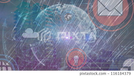 Image of globe, icons and data processing over cityscape 116184379