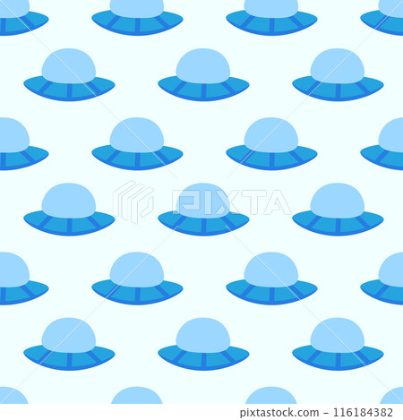 Alien blue spaceship, spacecrafts and UFO Seamless Pattern. Cosmic ship in form saucer for transportation. Children design. Vector cartoon flat illustration. 116184382