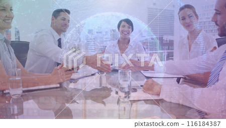 Image of financial data processing and globe over business people 116184387