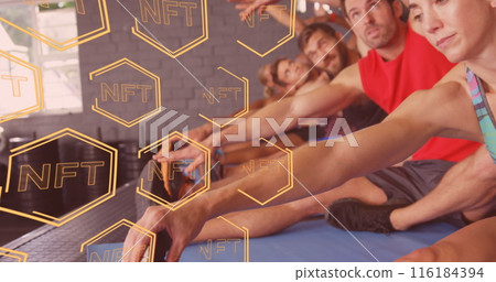 Image of multiple nft text banner over diverse fit people performing stretching exercise at gym Image of multiple nft text banner over diverse fit people performing stretching exercise at gym 116184394
