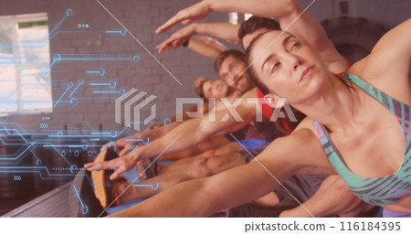 Image of microprocessor connection over diverse fit people performing stretching exercise at gym 116184395