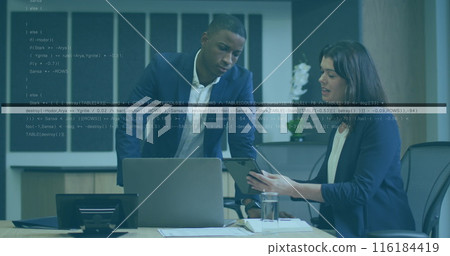 Image of financial data processing over business people working in office Image of financial data processing over business people working in office 116184419