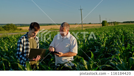 Two farmers working in a field, using a laptop and a tablet. Technology in agriculture Two farmers working in a field, using a laptop and a tablet. Technology in agriculture 116184420
