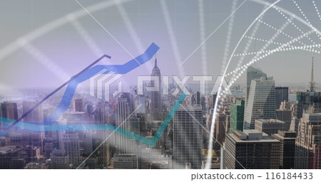 Image of dna structure spinning and statistical data processing over aerial view of cityscape Image of dna structure spinning and statistical data processing over aerial view of cityscape 116184433
