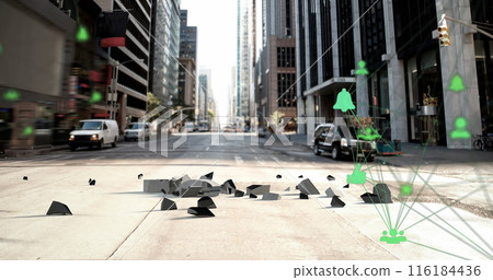 Image of globes of digital icons over euro symbol falling and breaking on the street Image of globes of digital icons over euro symbol falling and breaking on the street 116184436