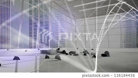 Image of dna structure spinning over euro symbol falling and breaking at office Image of dna structure spinning over euro symbol falling and breaking at office 116184438