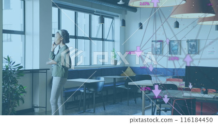 Image of network of connections over african american businesswoman working at office Image of network of connections over african american businesswoman working at office 116184450