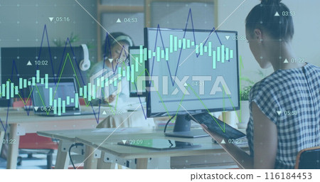 Image of financial data processing over diverse business people working at office Image of financial data processing over diverse business people working at office 116184453