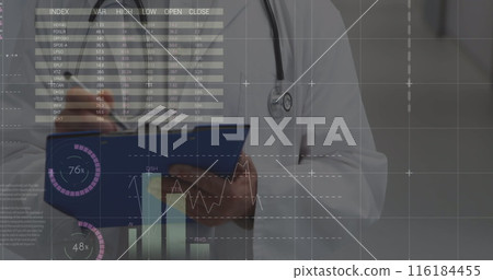 Image of data processing over caucasian male senior doctor writing on clipboard at hospital 116184455