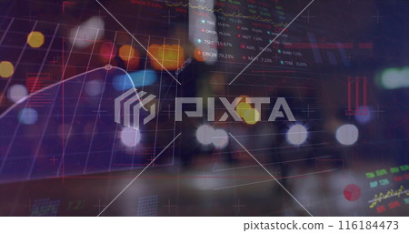 Image of stock market and statistical data processing against night city street Image of stock market and statistical data processing against night city street 116184473