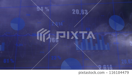 Image of statistical data processing over grid network against grey background 116184479