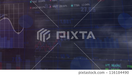 Image of stock market and statistical data processing against grey background 116184490