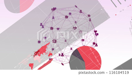 Image of medical icons connected with lines forming globe over infographic interface Image of medical icons connected with lines forming globe over infographic interface 116184519