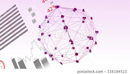 Image of medical icons connected with lines forming globe over infographic interface 116184521