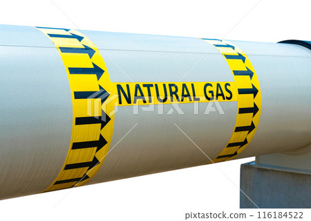 Natural gas pipeline isolated on white background. Pipe with gas flow direction sign Natural gas pipeline isolated on white background. Pipe with gas flow direction sign 116184522