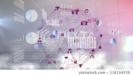 Image of statistical data processing and globe of digital icons against pink gradient background 116184559