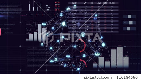 Image of statistical data processing and globe of digital icons against black background Image of statistical data processing and globe of digital icons against black background 116184566