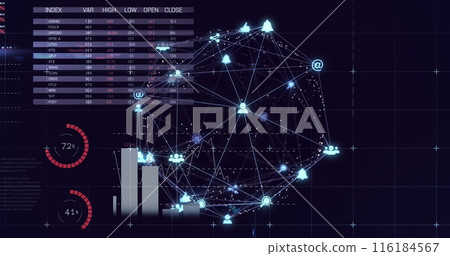 Image of statistical data processing and globe of digital icons against black background Image of statistical data processing and globe of digital icons against black background 116184567