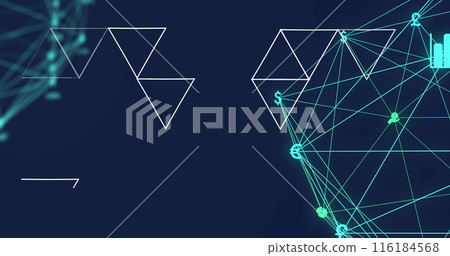 Image of abstract geometric shapes over two globes of digital icons spinning on blue background Image of abstract geometric shapes over two globes of digital icons spinning on blue background 116184568