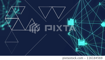 Image of abstract geometric shapes over two globes of digital icons spinning on blue background Image of abstract geometric shapes over two globes of digital icons spinning on blue background 116184569