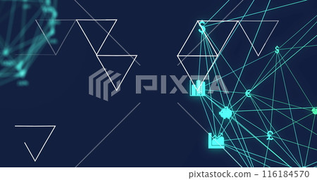 Image of abstract geometric shapes over two globes of digital icons spinning on blue background Image of abstract geometric shapes over two globes of digital icons spinning on blue background 116184570