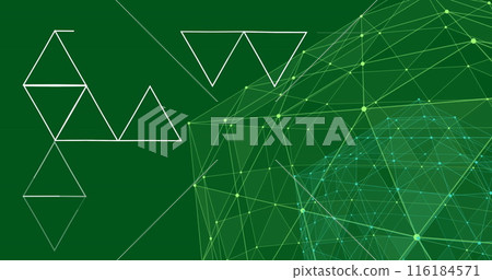 Image of illuminated connected dots forming globe and triangular structure on green background 116184571