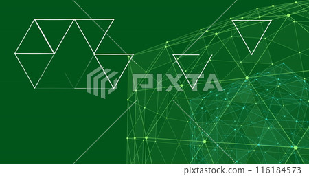 Image of illuminated connected dots forming globe and triangular structure on green background Image of illuminated connected dots forming globe and triangular structure on green background 116184573