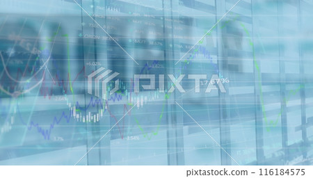 Image of financial and stock market data processing against tall building Image of financial and stock market data processing against tall building 116184575