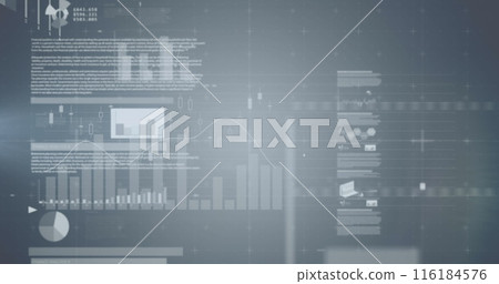 Image of screens with statistical data processing against grey background 116184576