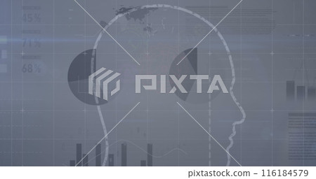 A human head with cogs turning, a stock market display with numbers and graphs, and a price going up A human head with cogs turning, a stock market display with numbers and graphs, and a price going up 116184579