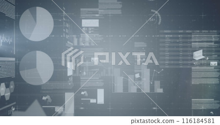 Image of screens with statistical data processing against grey background 116184581