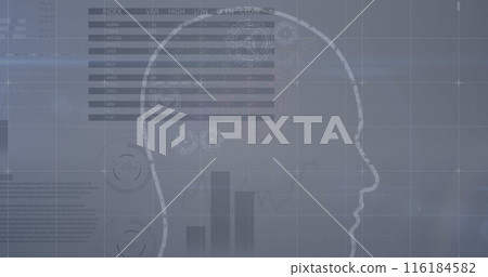 A human head with cogs turning, a stock market display with numbers and graphs, and a price going up 116184582