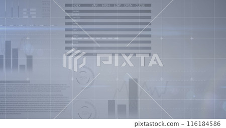 Image of screens with statistical data processing over grid network against grey background 116184586