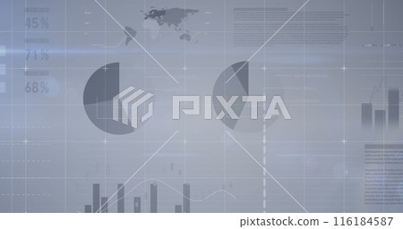 Image of screens with statistical data processing over grid network against grey background 116184587