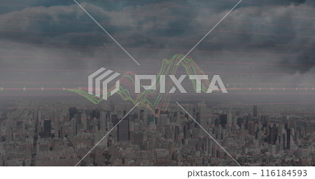 Graph overlaying cityscape, displaying fluctuating trends 116184593