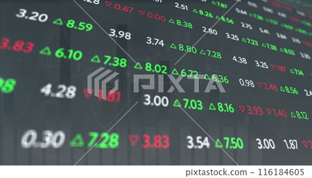 Image of statistical and stock market data processing against grey background 116184605