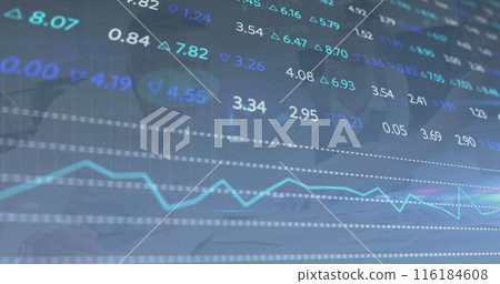 Image of financial data processing over business people working in office Image of financial data processing over business people working in office 116184608