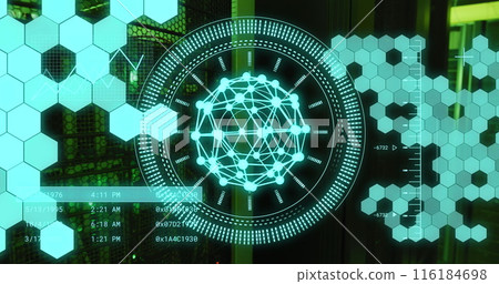 Image of data processing and shapes moving over server room Image of data processing and shapes moving over server room 116184698