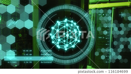 Image of data processing and shapes moving over server room 116184699